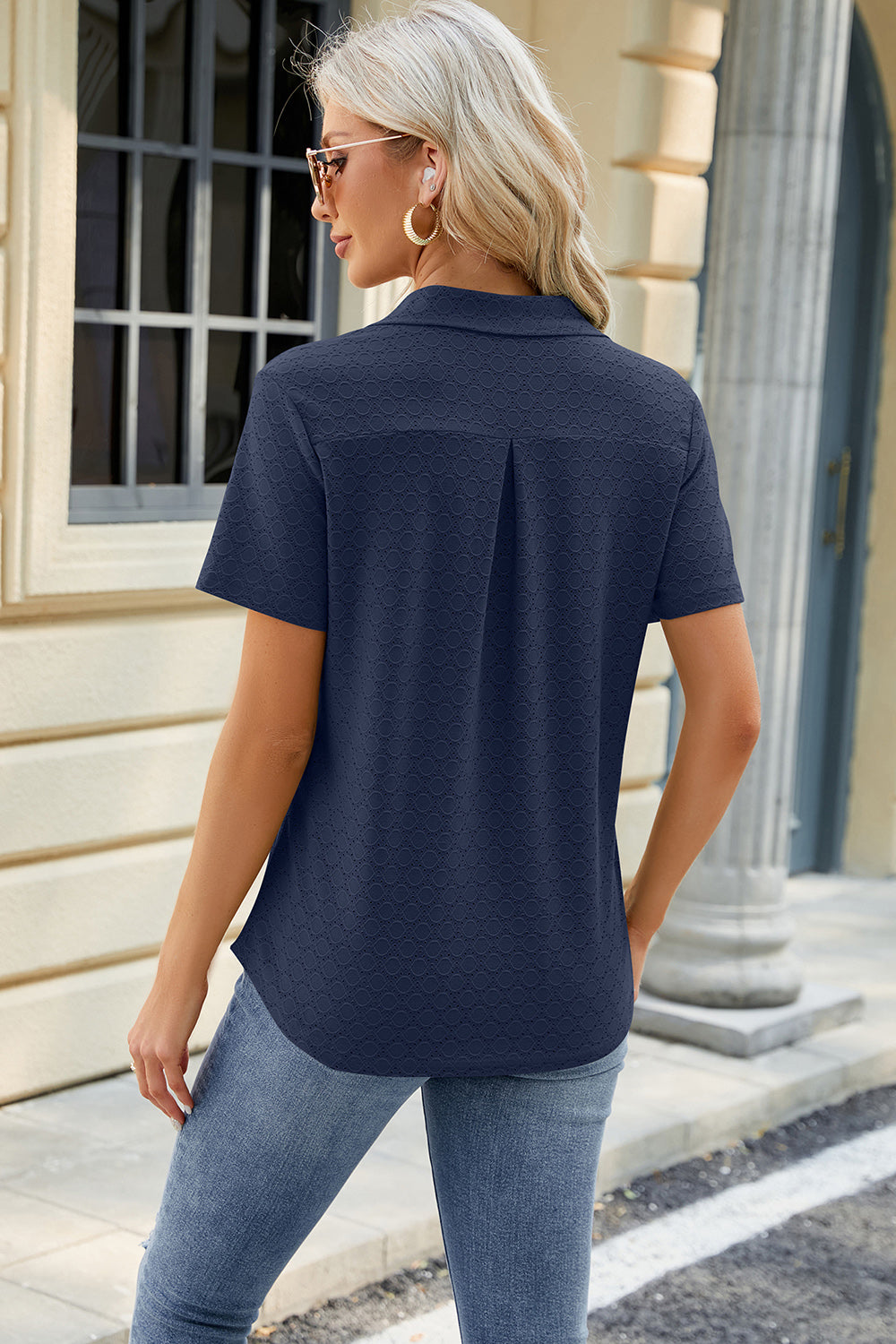 Pocketed Johnny Collar Short Sleeve Blouse Pocketed Johnny Collar Short Sleeve Blouse